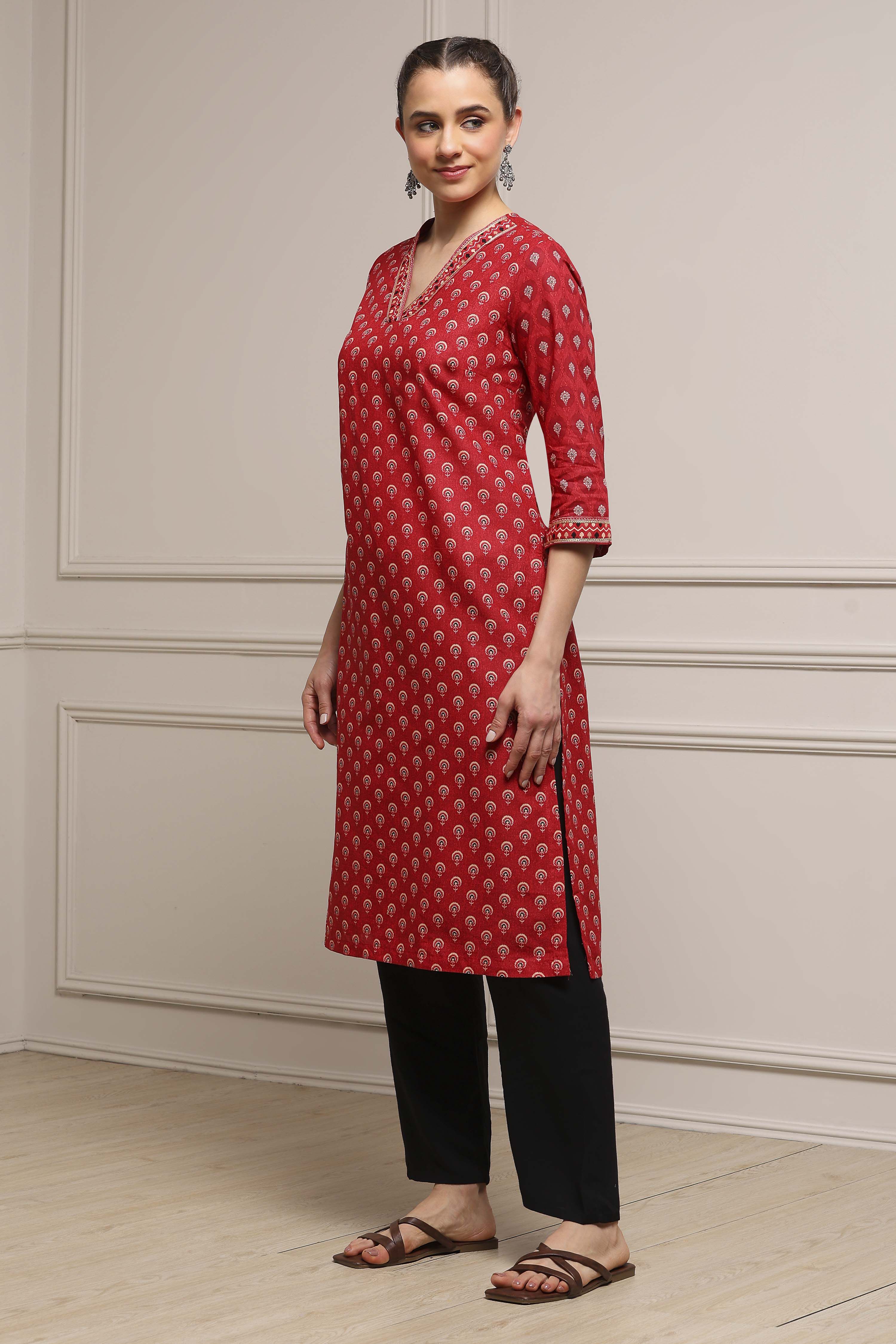 Red Cotton Straight Printed Kurta image number 2
