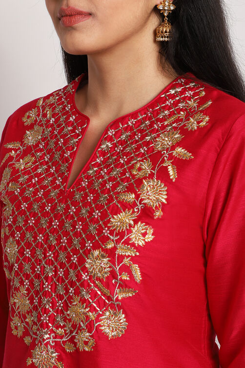 Pink Poly Viscose Straight Kurta Slim Pant Suit Set image number 1