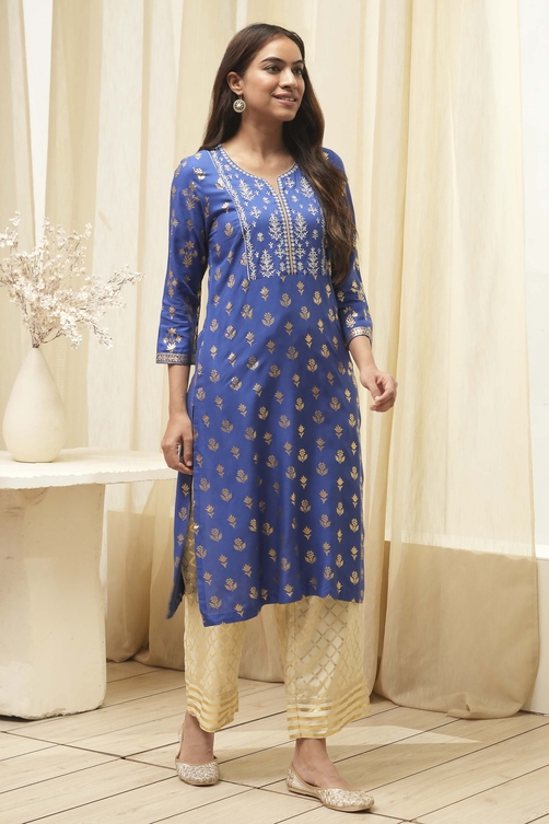 Navy Blue Rayon Straight Kurta Pants Set image number 5