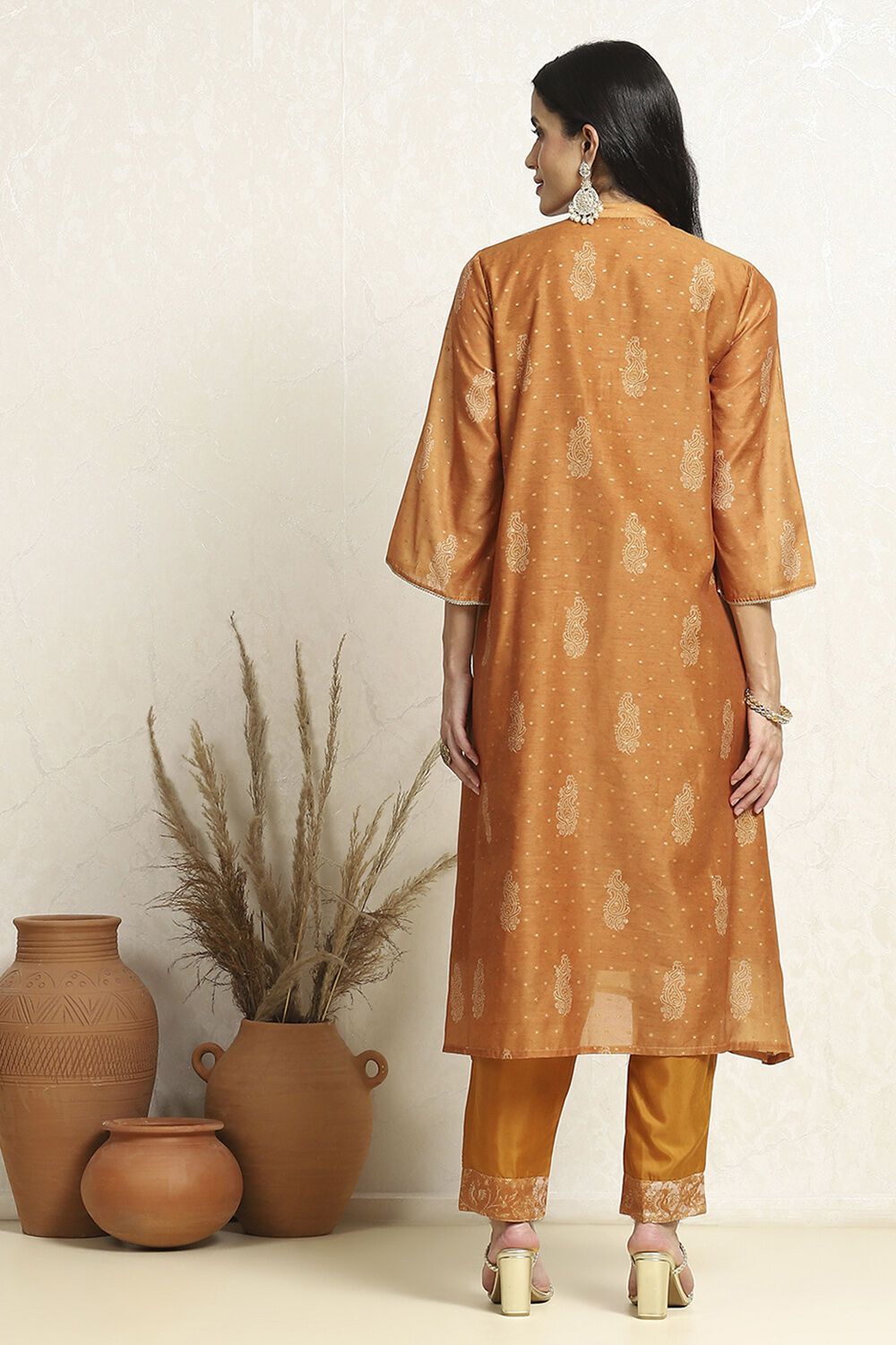 Beige Chanderi Printed Unstitched Suit Set image number 5