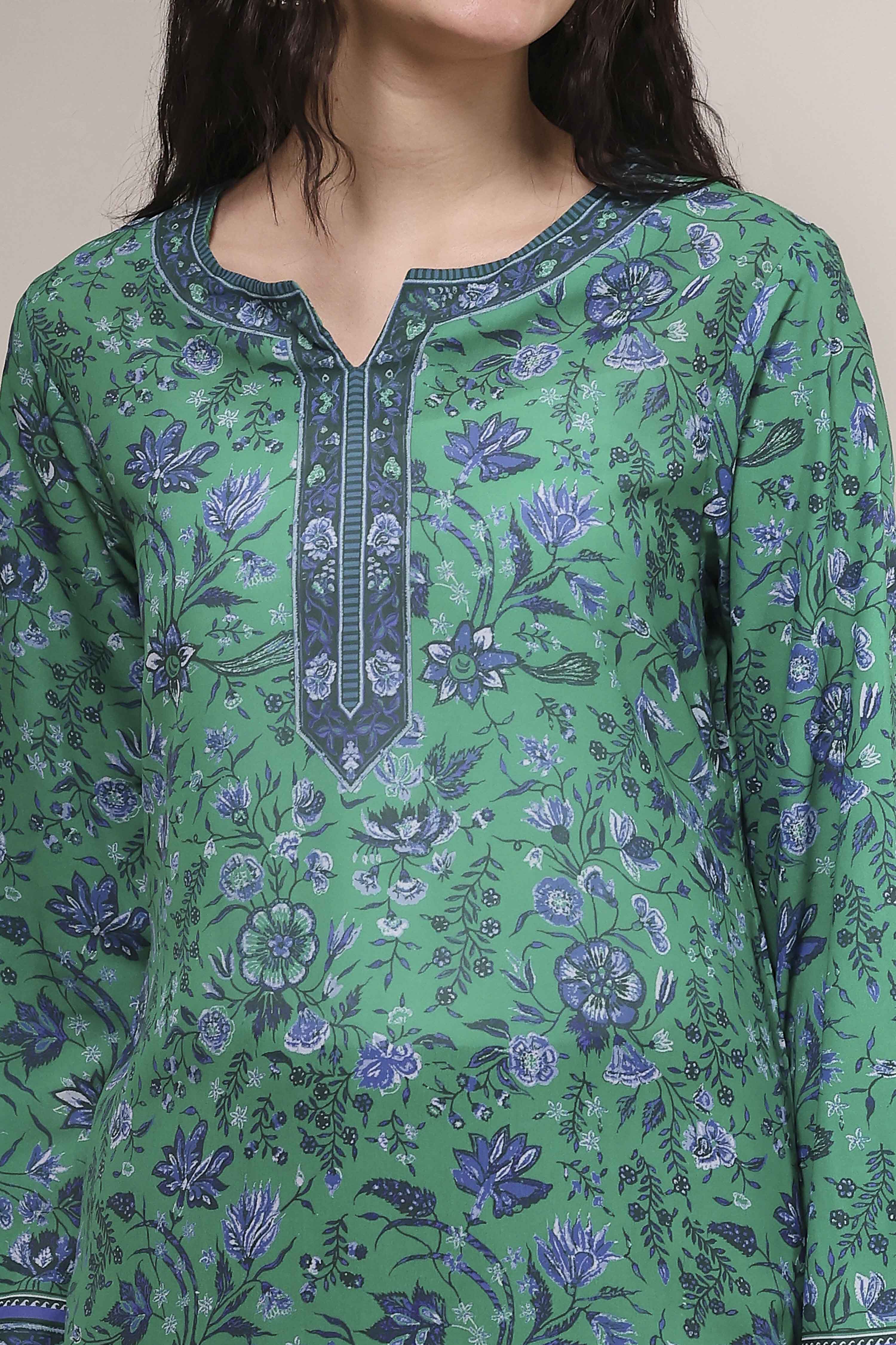 Turquoise Polyester Straight Printed Short Kurta image number 1