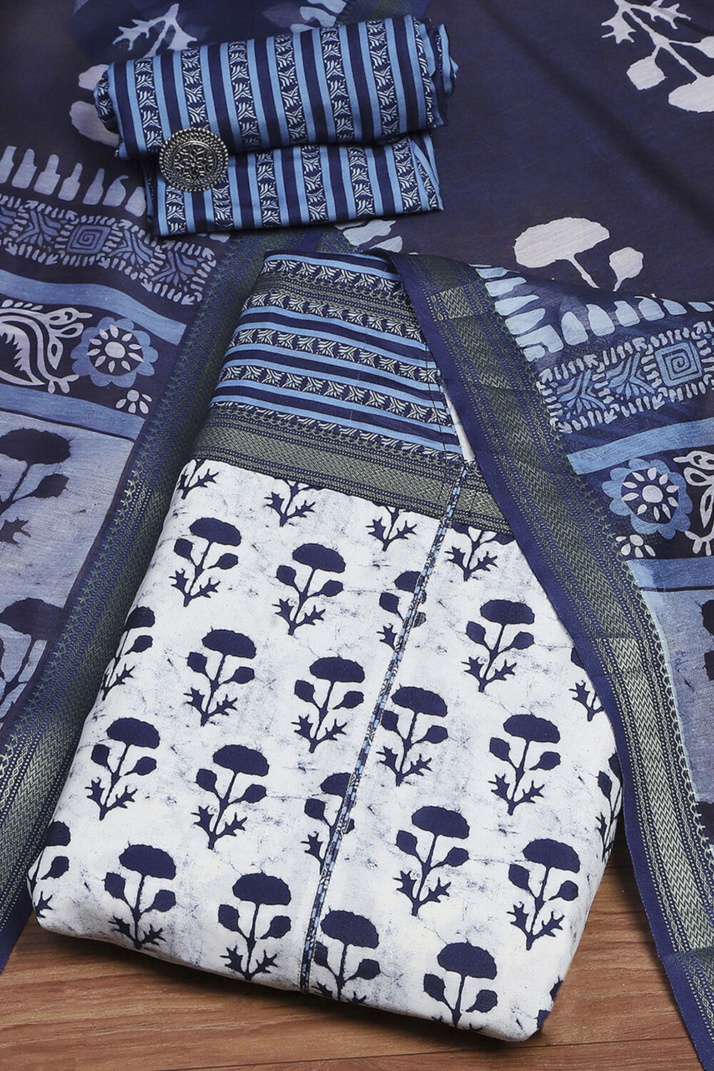 Indigo Cotton Modal Digital Print Unstitched Suit Set image number 0