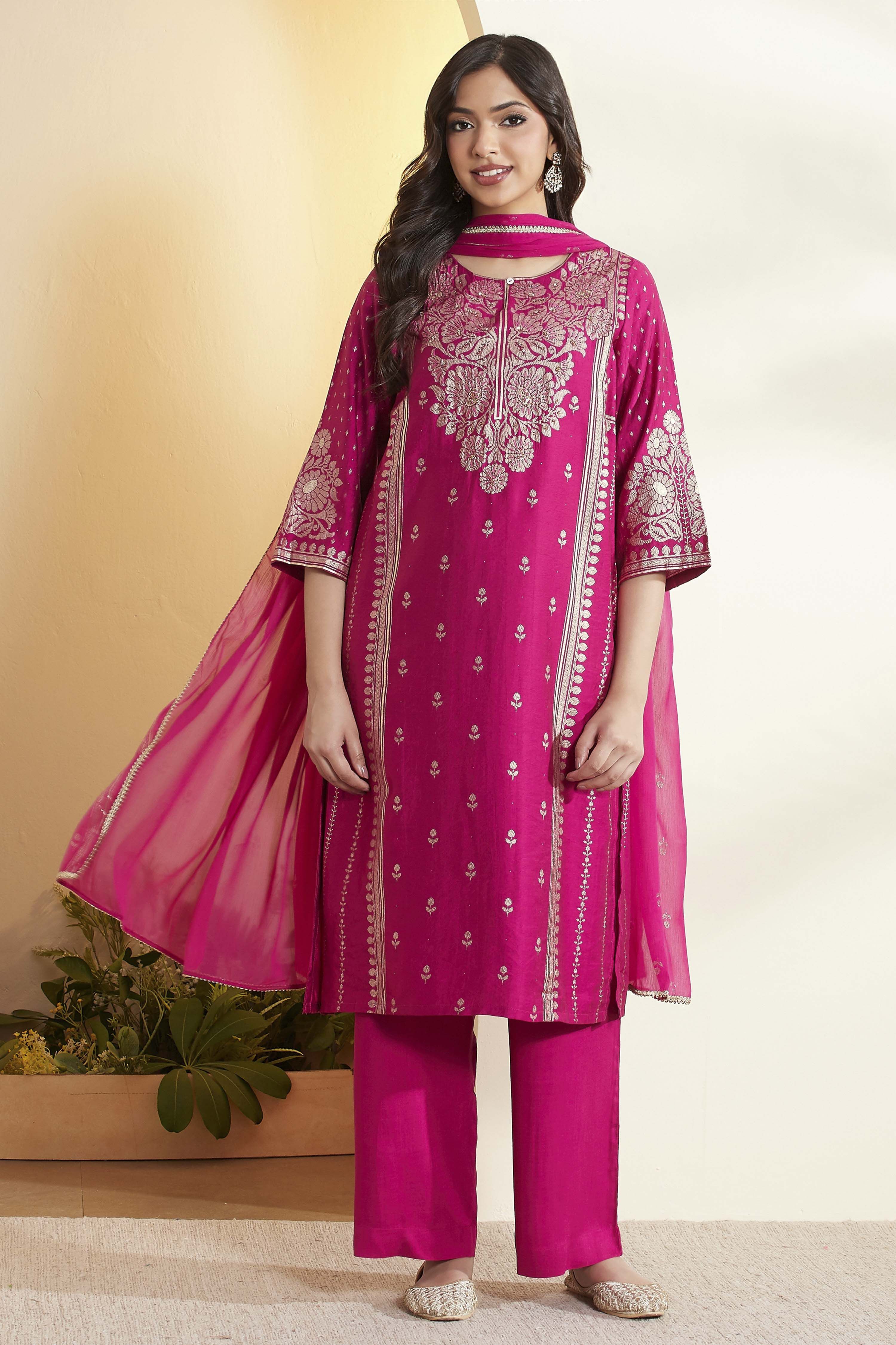 Magenta Viscose Blend Straight Suit Set image number 7