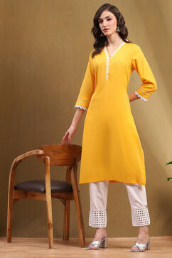 Yellow Cotton Solid Regular Fit Straight Kurta image number 0