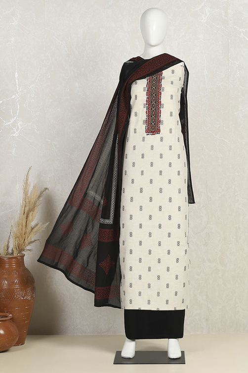 Off-White-Red Flex Hand Block Print Unstitched Suit Set image number 4
