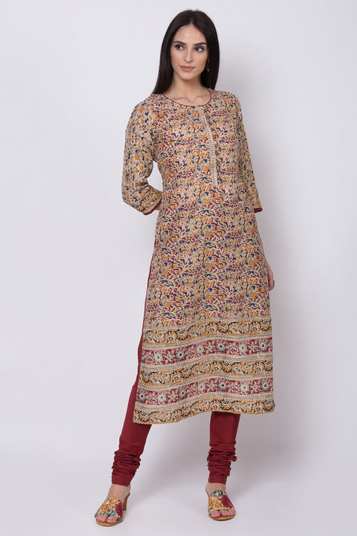 Red Cotton Straight Kurta Churidar Suit Set image number 2