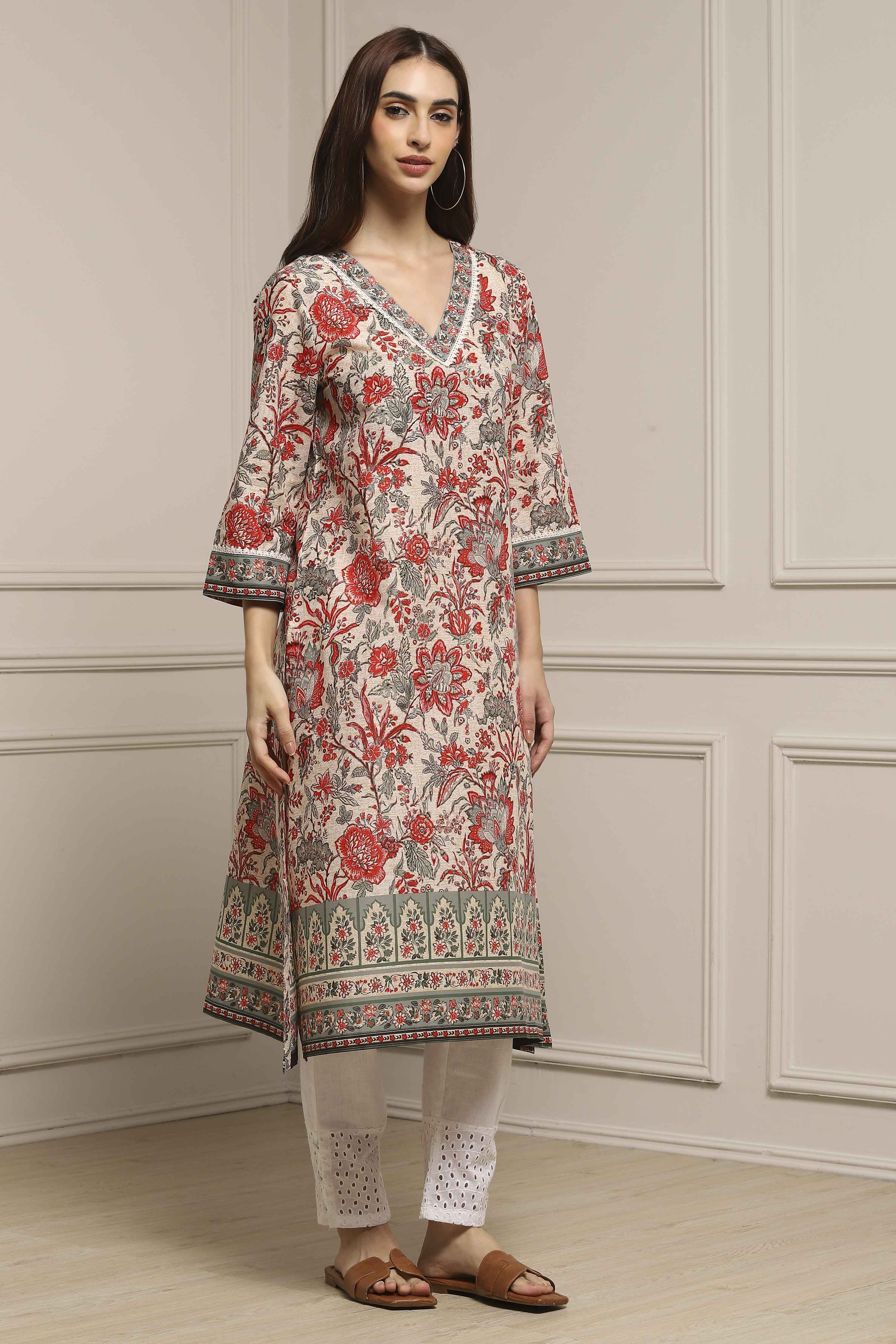 Off White Cotton Straight Printed Kurta image number 4