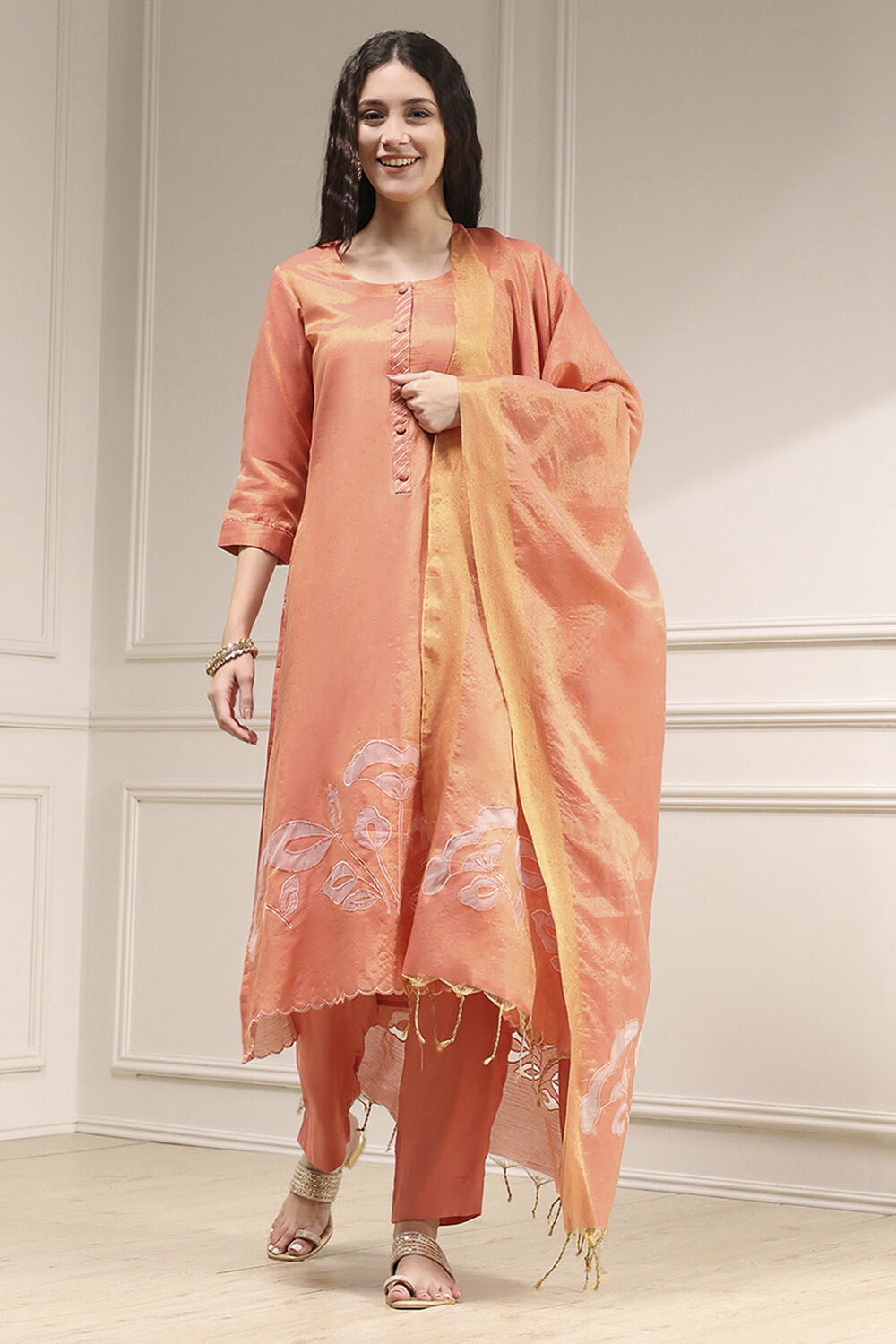 Orange Tissue Applique Unstitched Suit Set image number 1