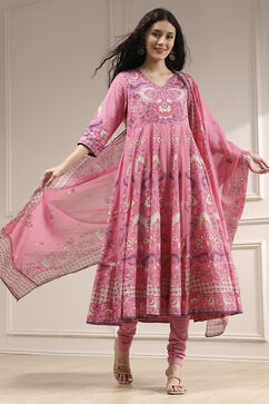 Light Pink Cotton Printed Anarkali Suit Set image number 6