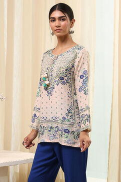 Off-White-Blue Modal Blend Straight Printed Short Kurta image number 2