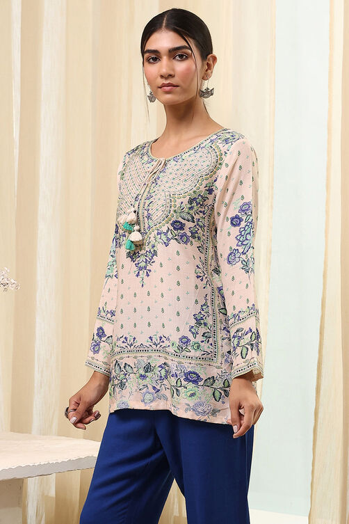 Off-White-Pink Modal Blend Straight Printed Short Kurta image number 2