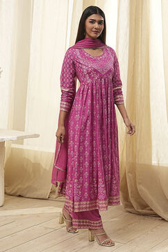 Onion Pink Cotton Printed Anarkali Suit Set image number 5