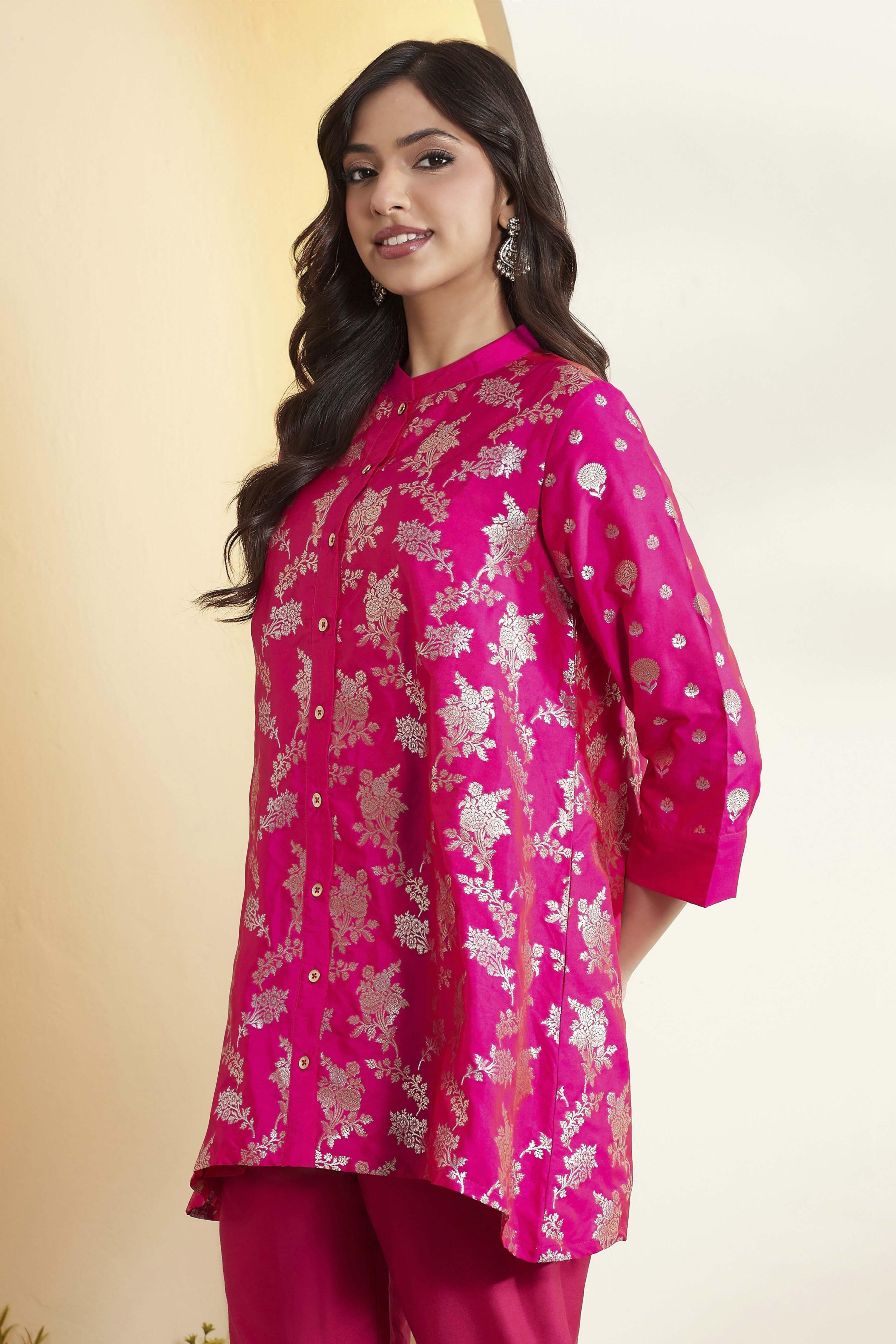 Pink Poly Viscose Yarndyed A-Line Shirt image number 3