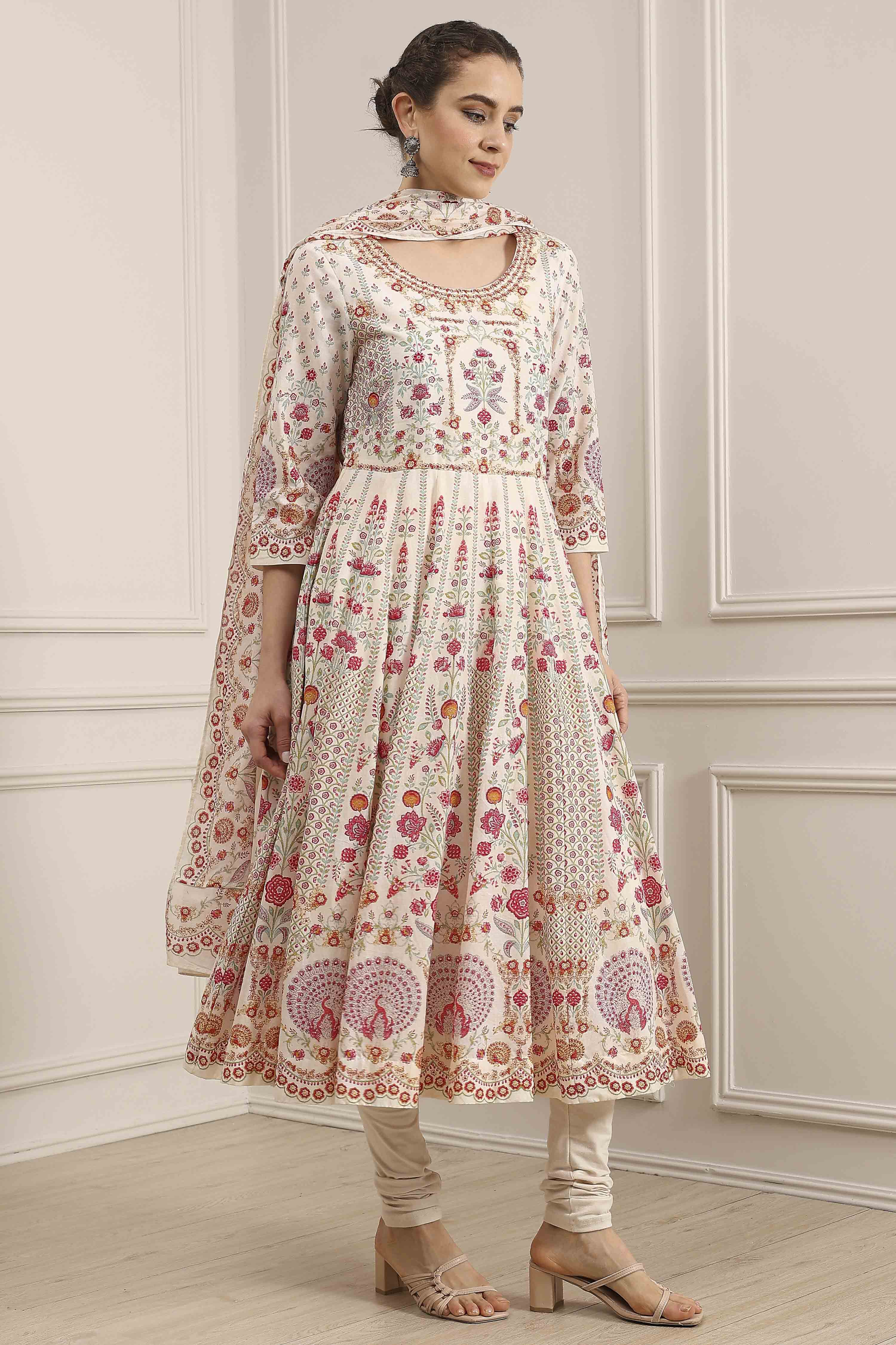 Off-White Cotton Printed Anarkali Suit Set image number 5