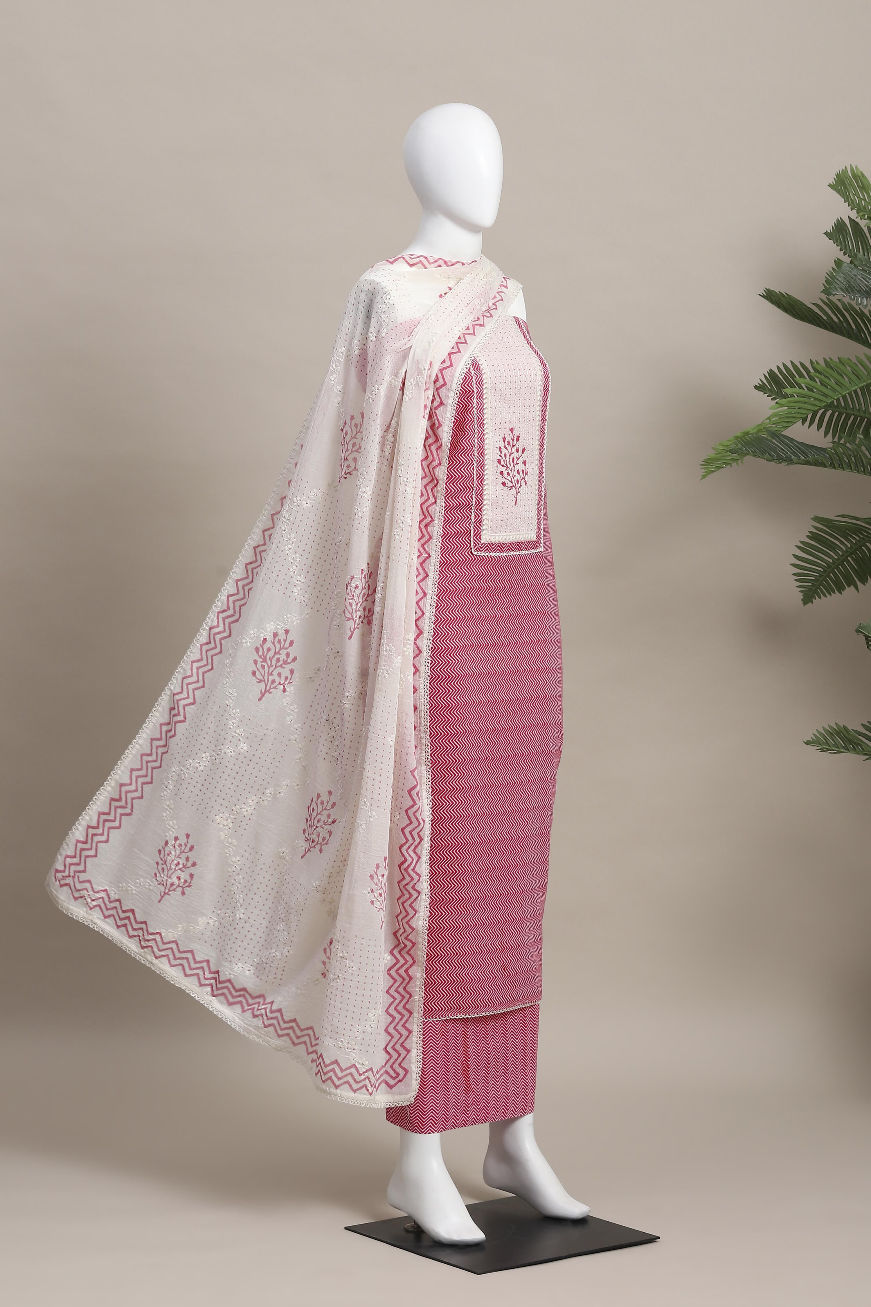Pink Cotton Printed Embroidered Unstitched Suit Set image number 4