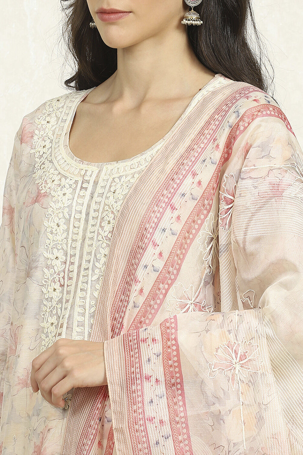 Beige Chanderi Unstitched Suit Set image number 2