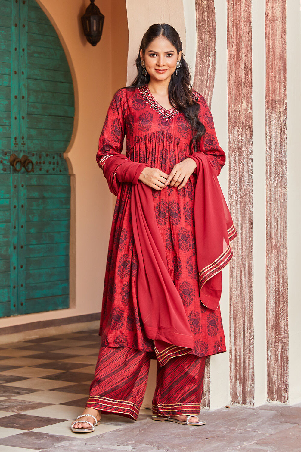 Terracotta Viscose Gathered Kurta Palazzo Suit Set image number 0