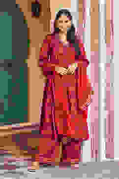 Terracotta Viscose Gathered Kurta Palazzo Suit Set image number 0