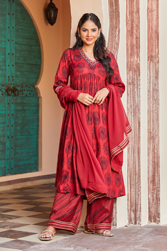 Terracotta Viscose Gathered Kurta Palazzo Suit Set image number 0