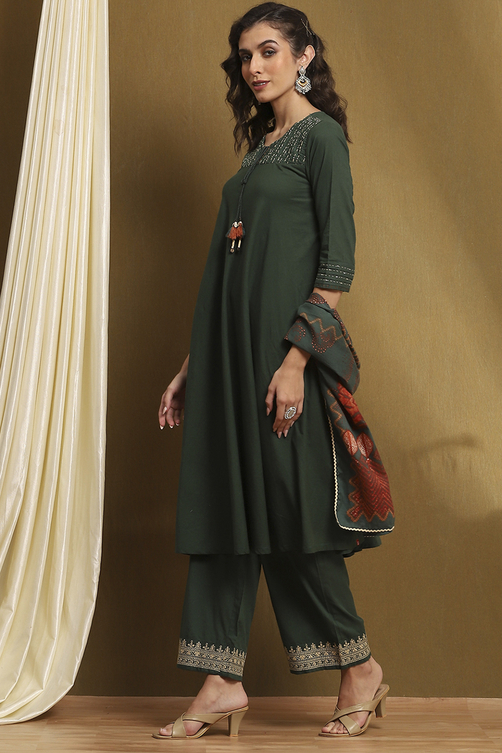 Dark Green Cotton Solid A-Line Suit Set image number 3