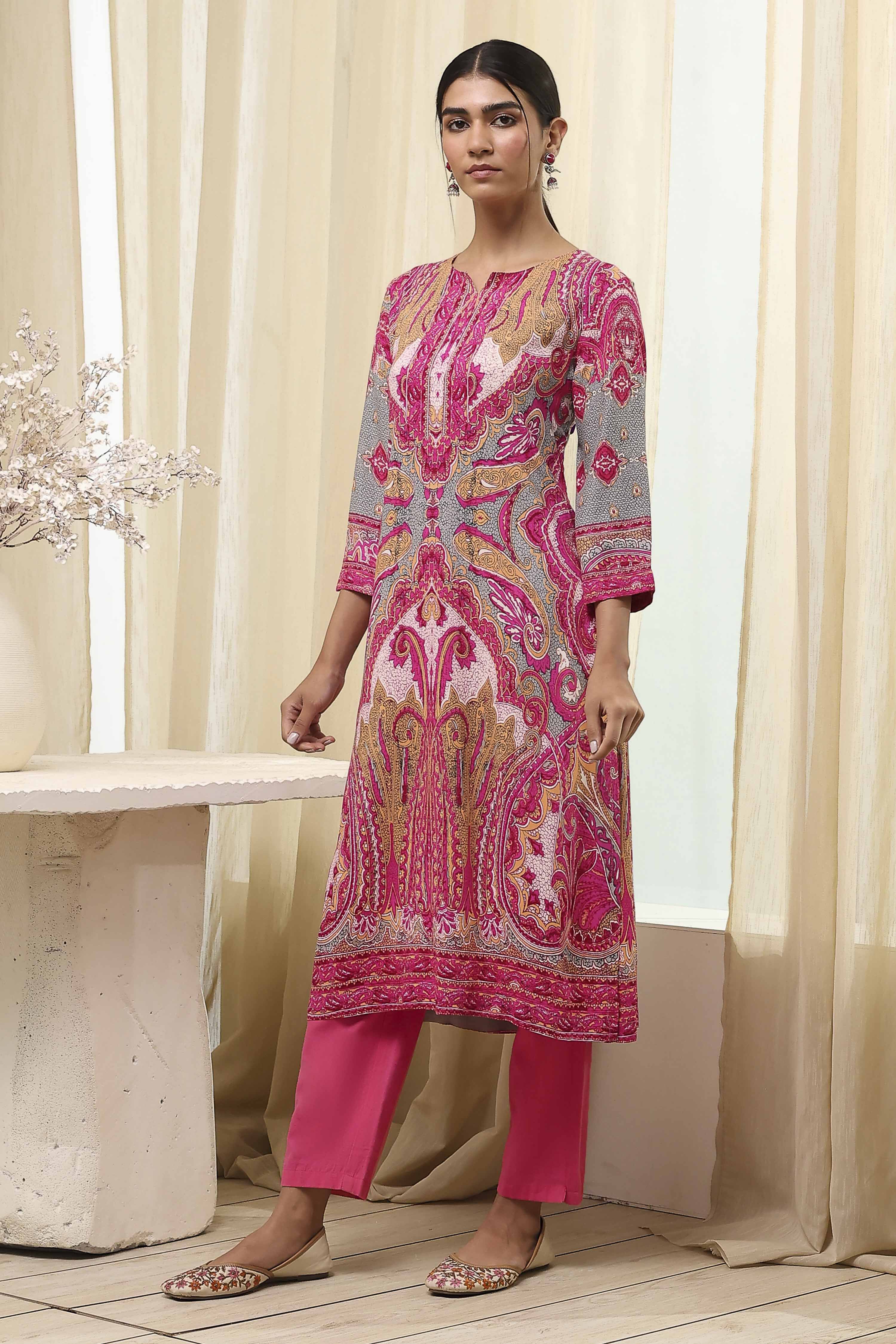 Pink Printed Straight Kurta image number 2