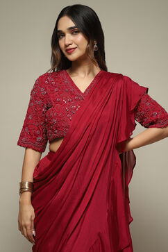 Berry Pre-Draped Nylon Saree With A Stitched Blouse image number 1