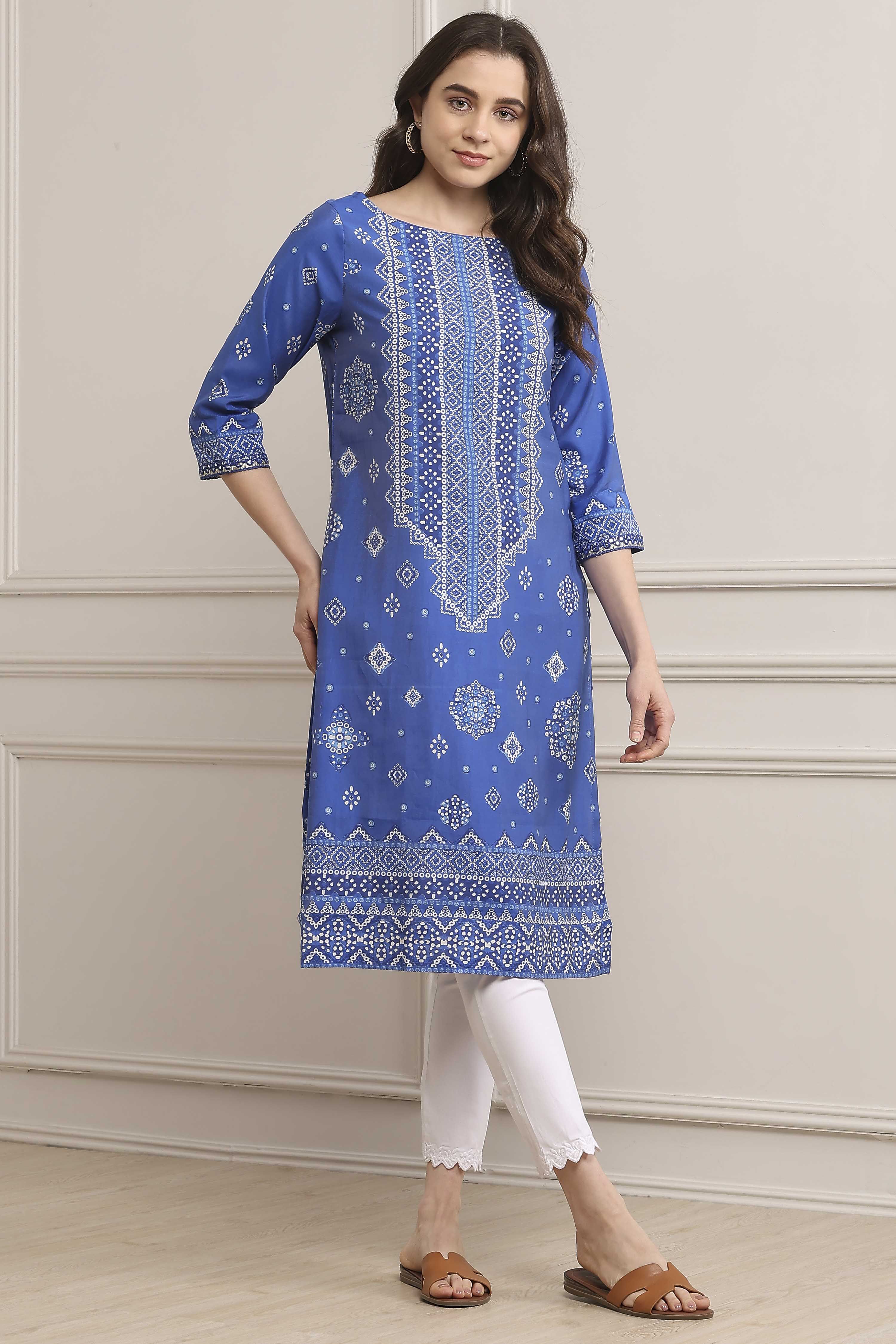 Royal Blue Rayon Straight Printed Kurta image number 0