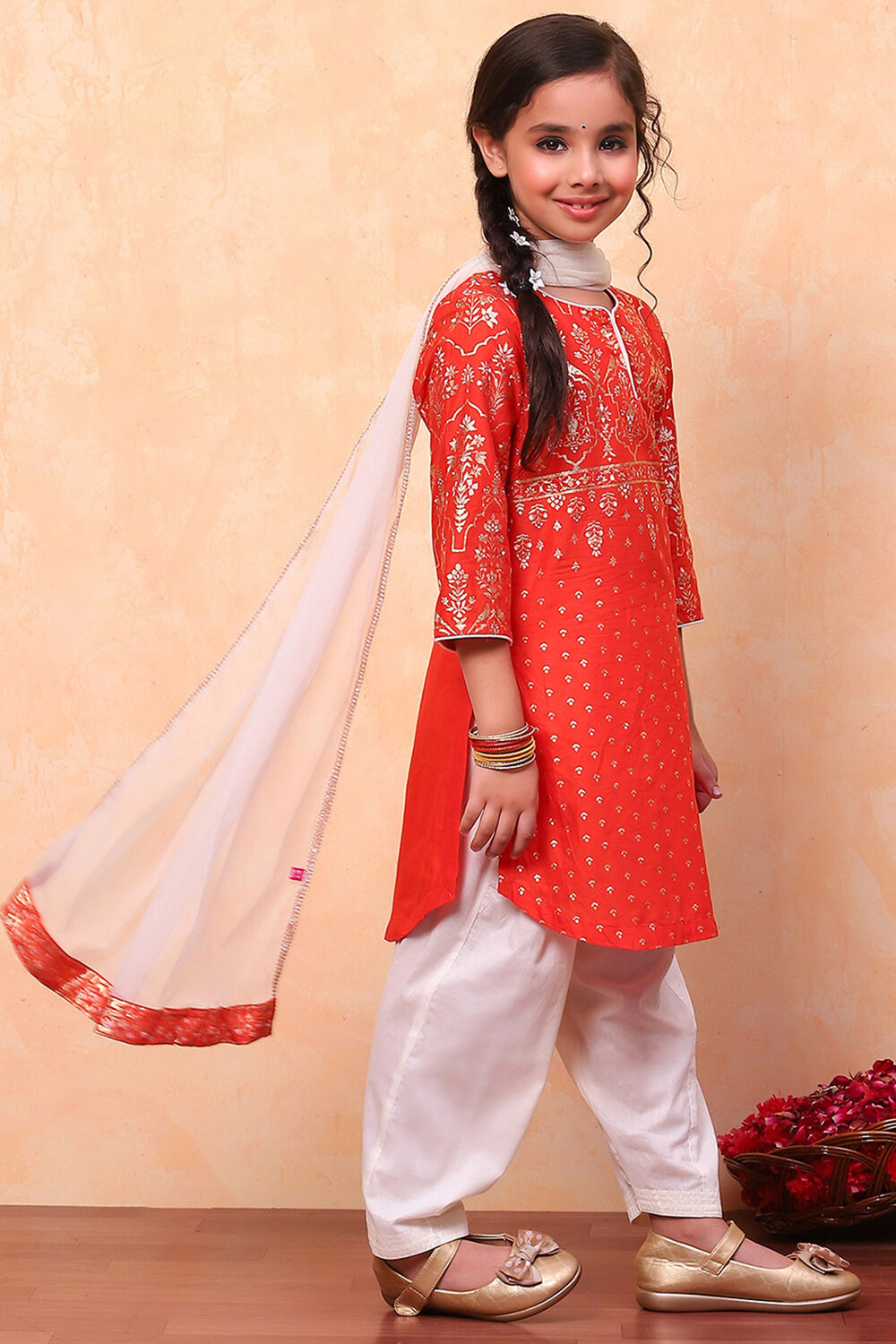 Orange and White Cotton Printed Straight Suit Set image number 3