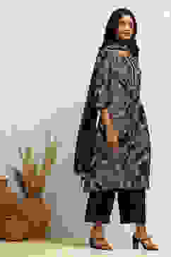 Black Modal Printed Gathered Suit Set image number 5