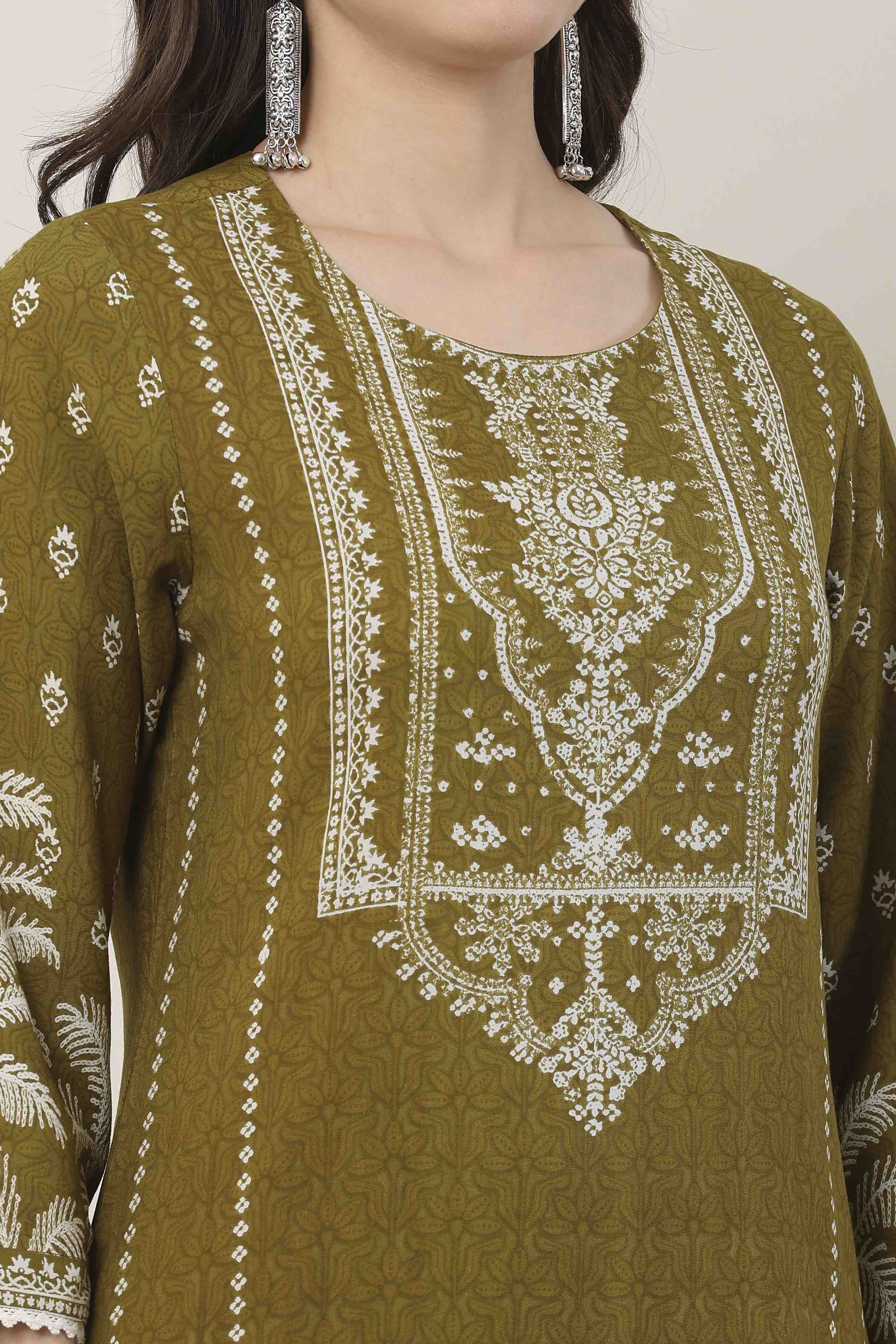 Olive-Green Viscose Ethnic Motifs Printed Straight Kurta image number 1