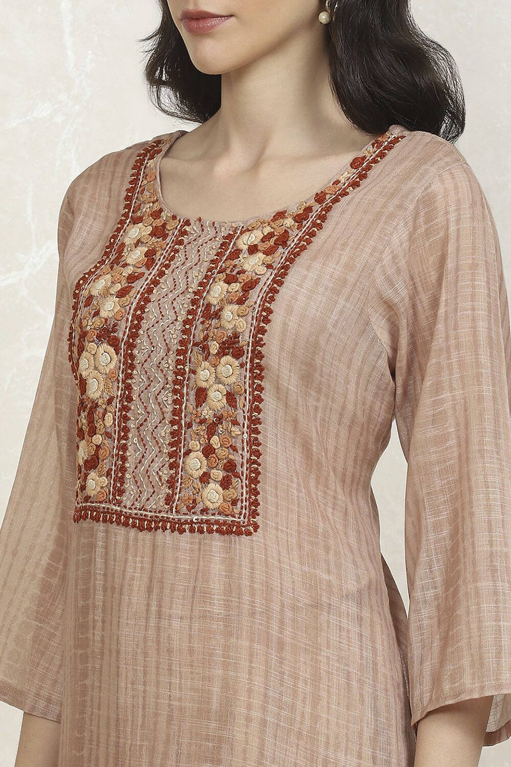 Beige Chanderi Hand Embroidered Unstitched Suit Set image number 2