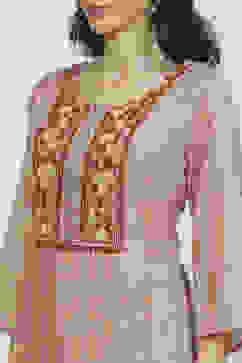 Beige Chanderi Hand Embroidered Unstitched Suit Set image number 2