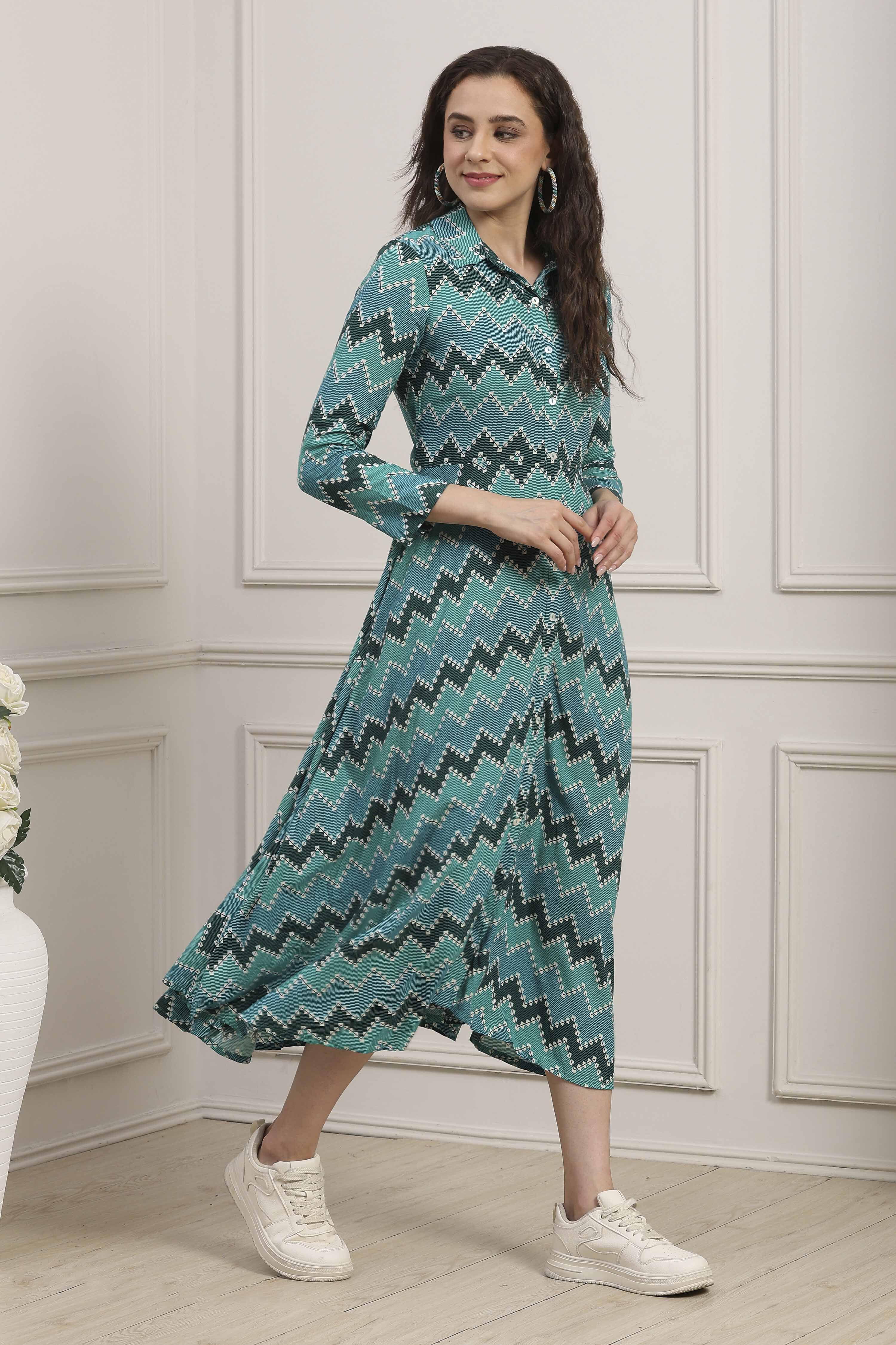 Turquoise Chevron Block Printed Shirt-Style Flared Dress image number 4