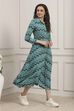 Turquoise Chevron Block Printed Shirt-Style Flared Dress image number 4