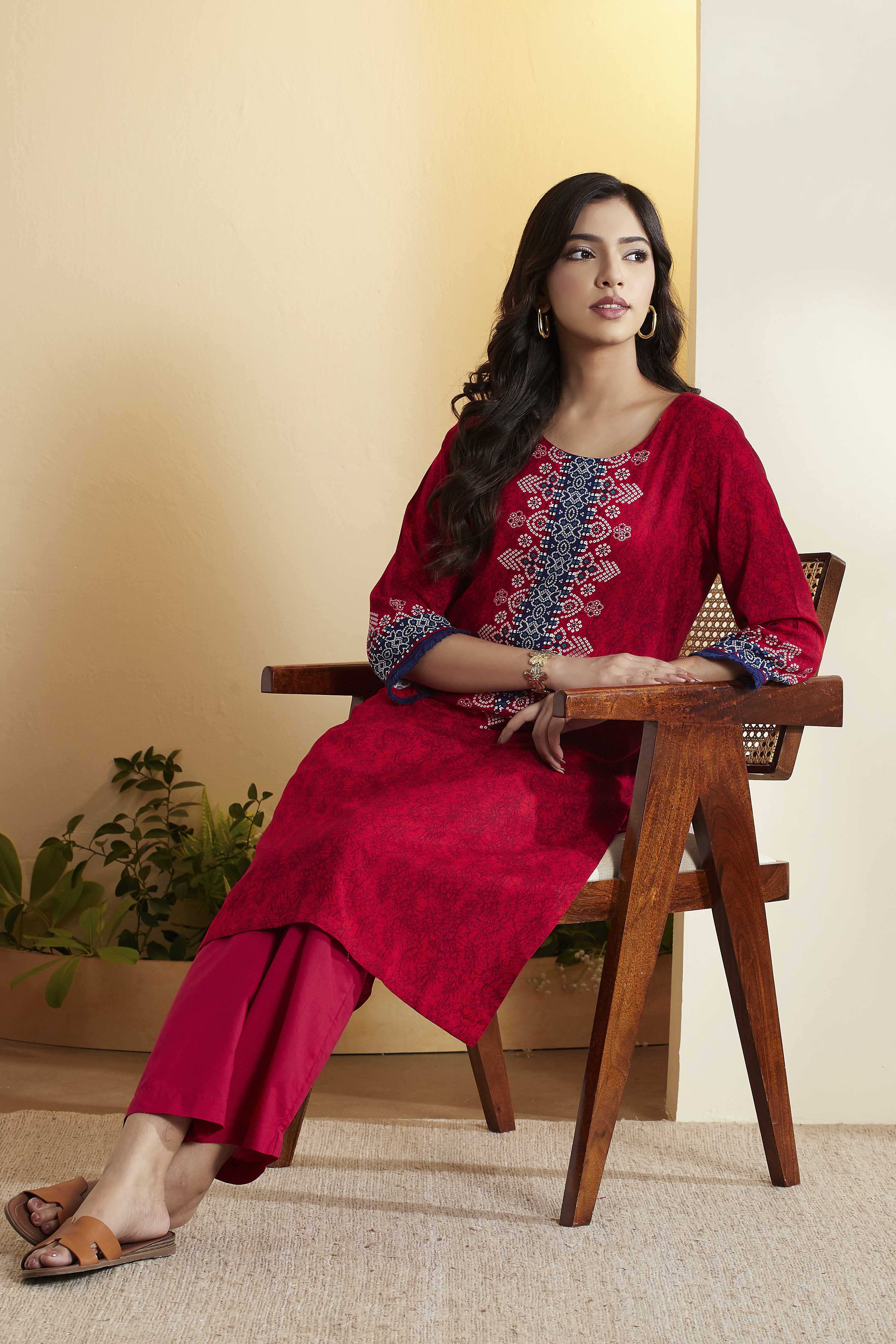 Red Viscose Rayon Yoke Printed Straight Kurta image number 0