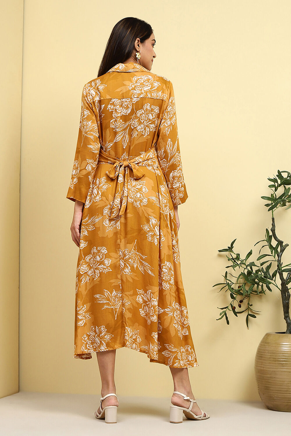 Mustard Yellow Floral Printed Shirt Style A-line Dress image number 3