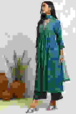 Teal Blue Floral Printed Flared Suit Set image number 3