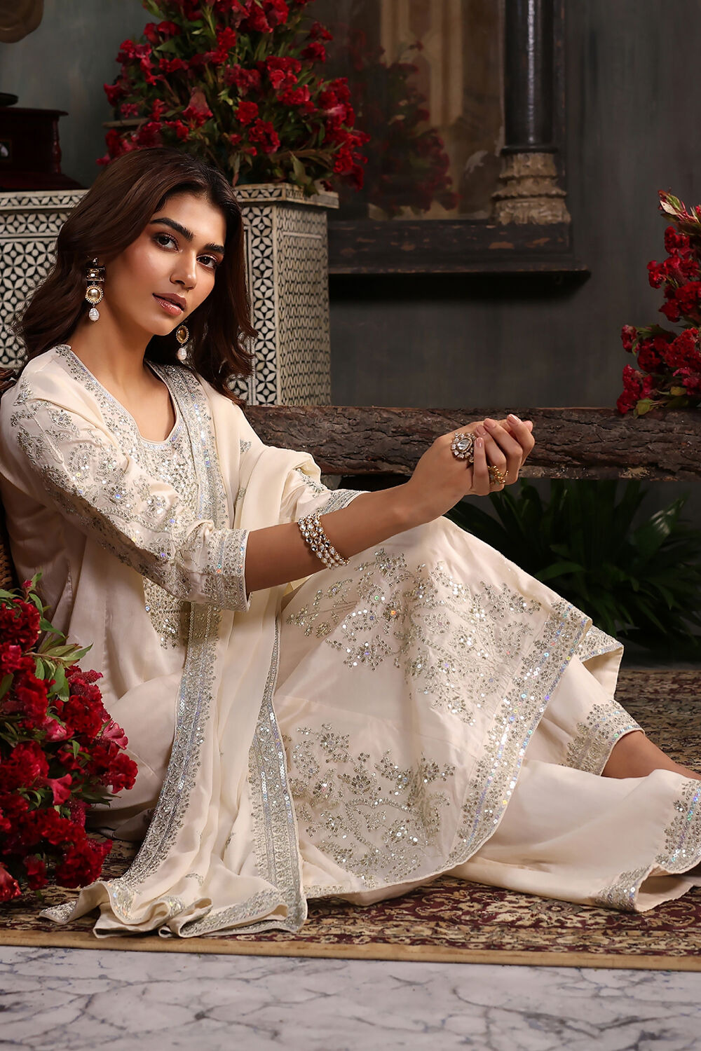 Off-White Cotton Silk Embroidered Kalidar Suit Set image number 6