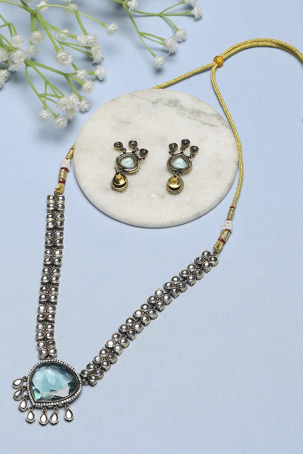 Mint Green Brass Pendant Necklace Set image number 2