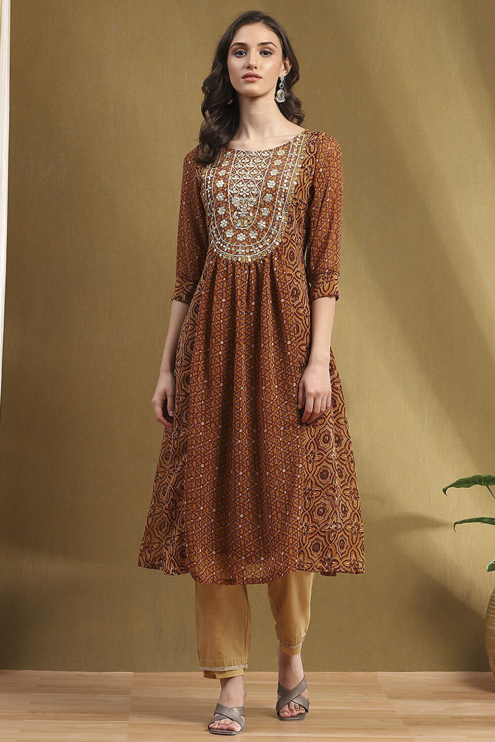 Brown Georgette Printed Gathered A-Line Kurta image number 5