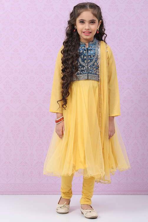 Buy Mustard Yellow Art Silk Anarkali with Jacket Kurta Churidar