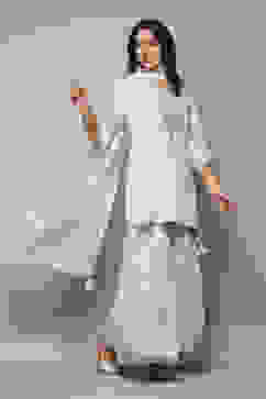 Off White Poly Cotton Straight Kurta Garara Suit Set image number 6