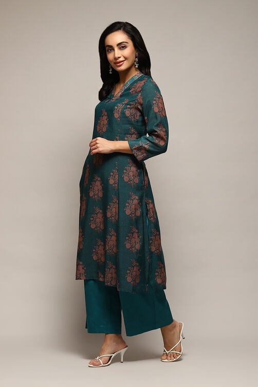 Pink Poly Chanderi A-Line Printed Kurta Palazzo Suit Set image number 3