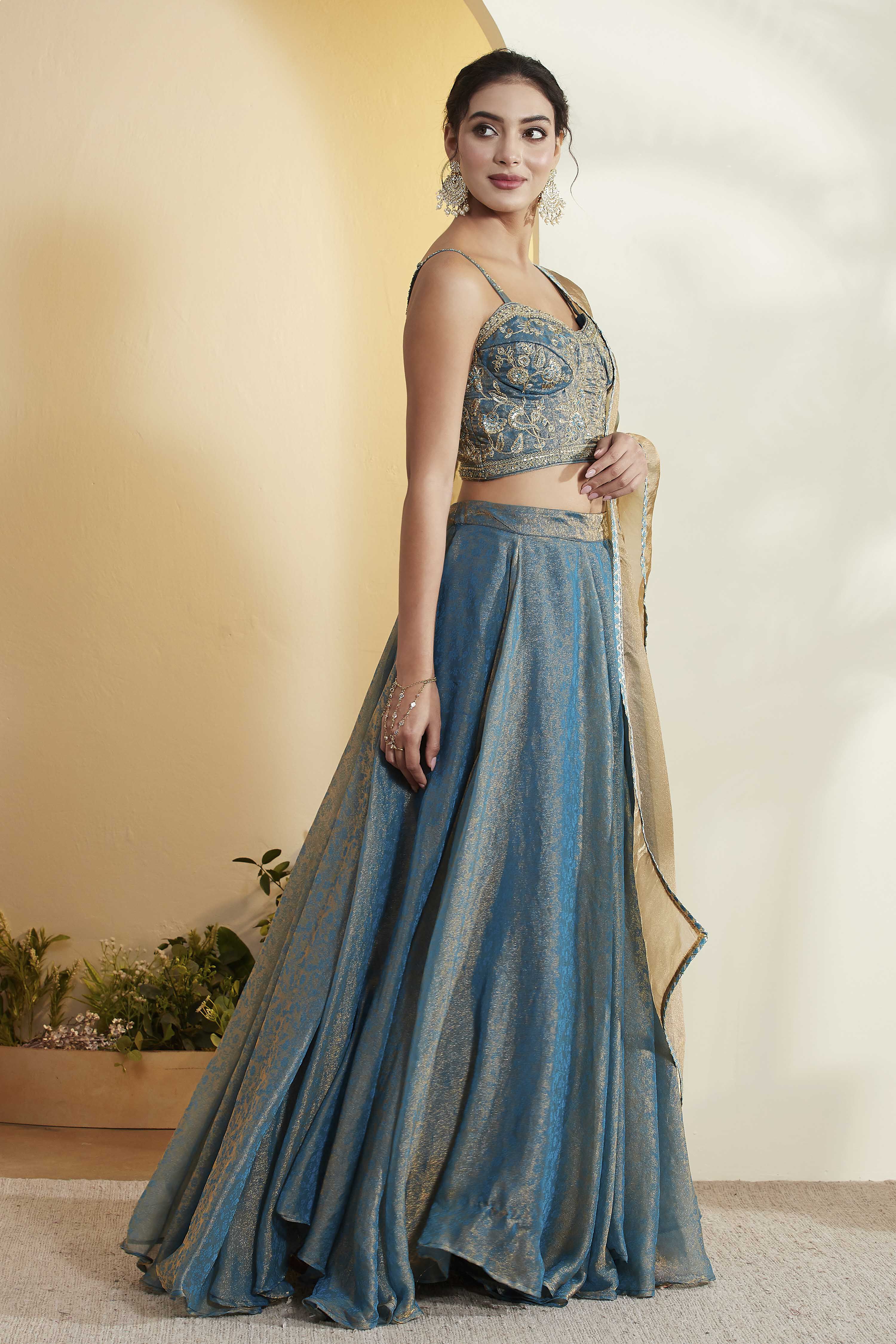 Teal Viscose Blend Kalidar Lehenga Set image number 5