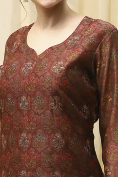 Brown Chanderi Printed Embroidered Unstitched Suit Set image number 2