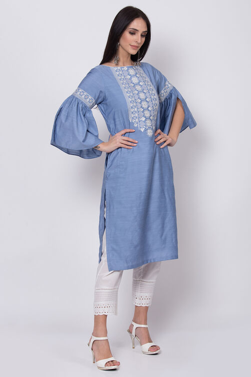 Powder Blue Viscose Silk Straight Embroidered Kurta image number 3