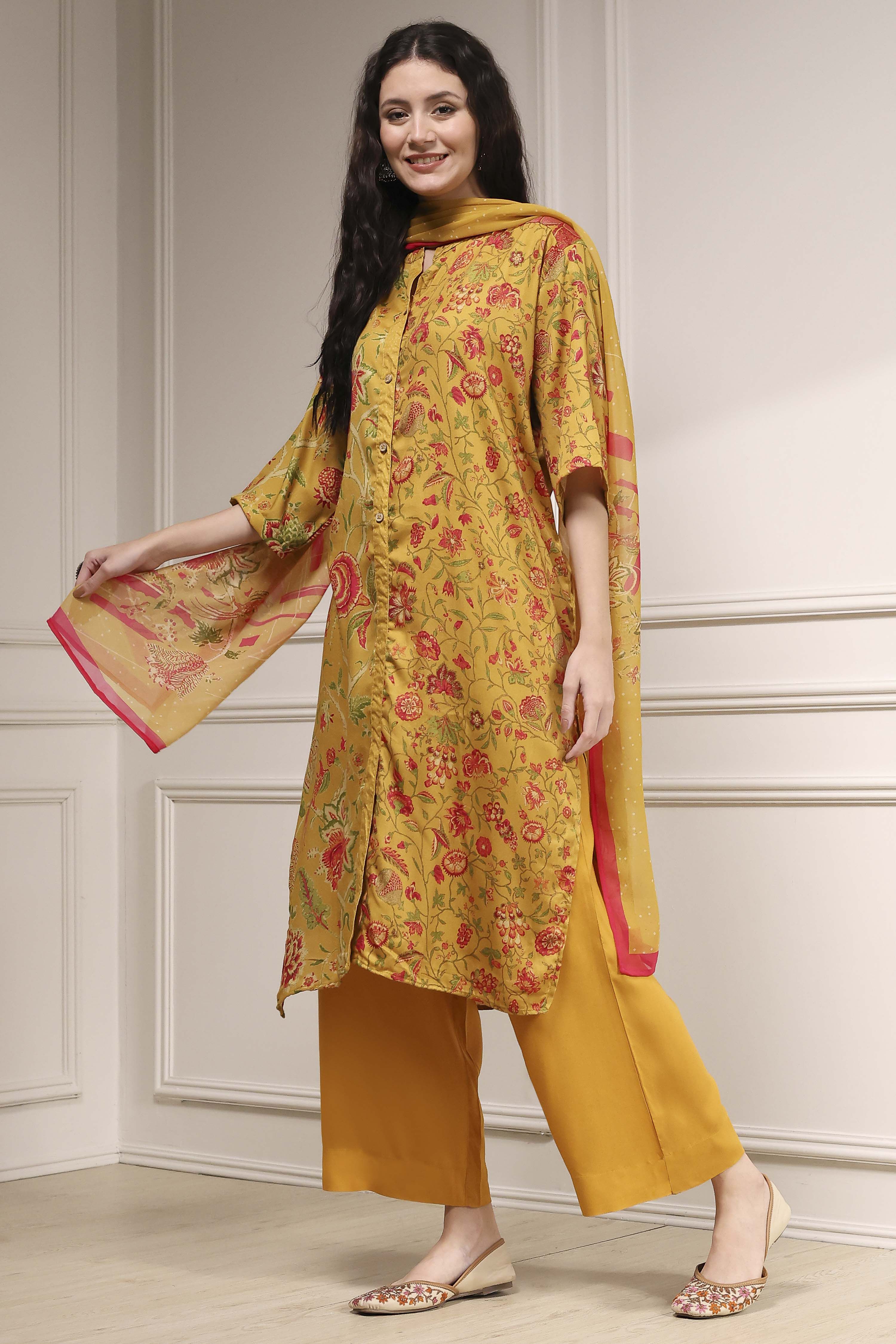 Mustard Yellow Printed Straight Suit Set image number 3