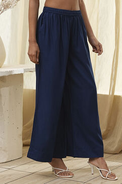 Navy Blue Viscose Solid Straight Palazzos image number 3