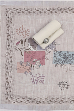 Beige Linen Blend Machine Embroidered Unstitched Suit Set image number 2