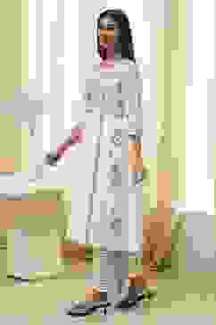 Off-White Pure Cotton Printed A-line Kurta Set image number 3